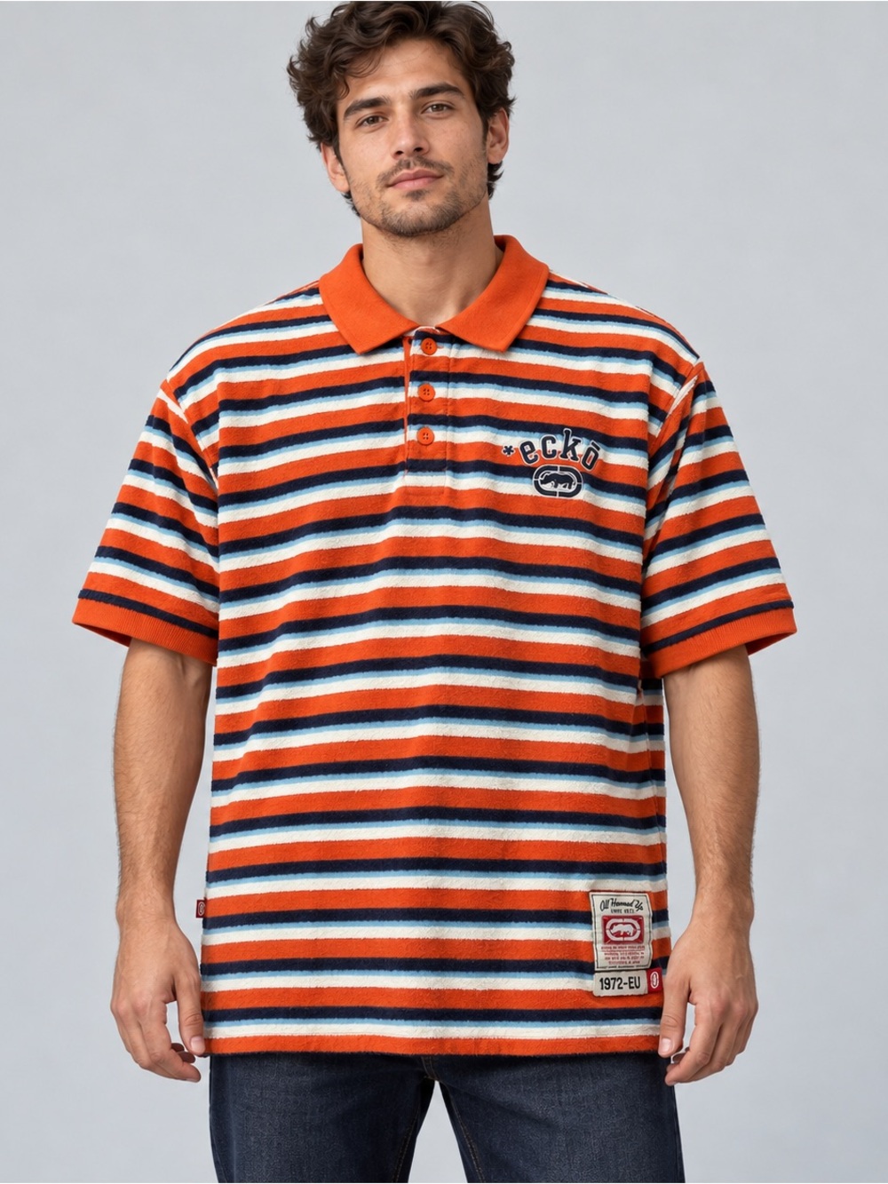 Ecko Unlimited Orange, Navy & White Striped Polo